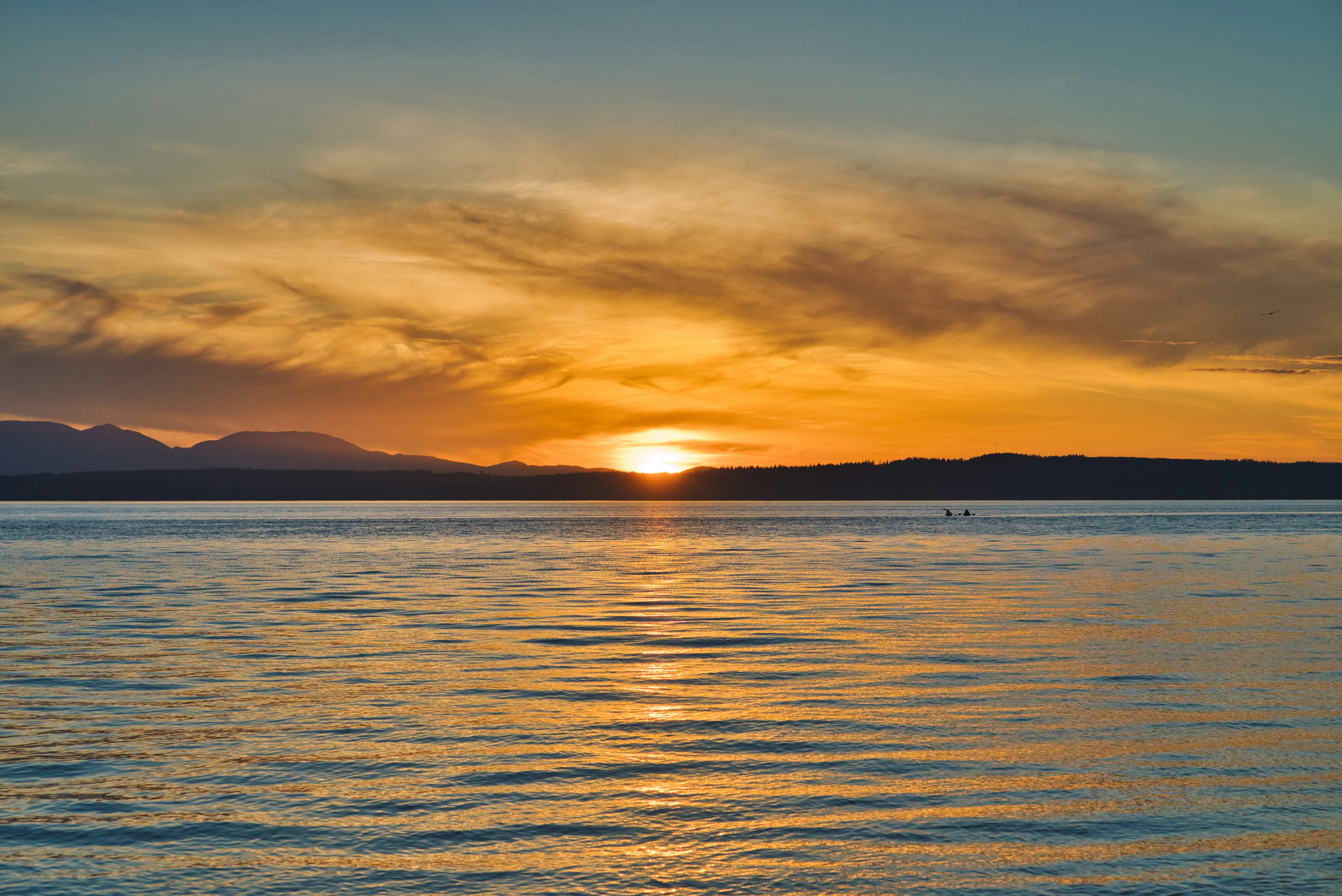 body of water during sunset